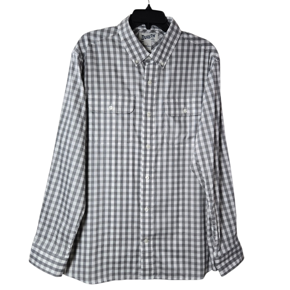 Duluth Trading‎ Men Grey White Gingham Standard Untucked Button Down Shirt Sz L